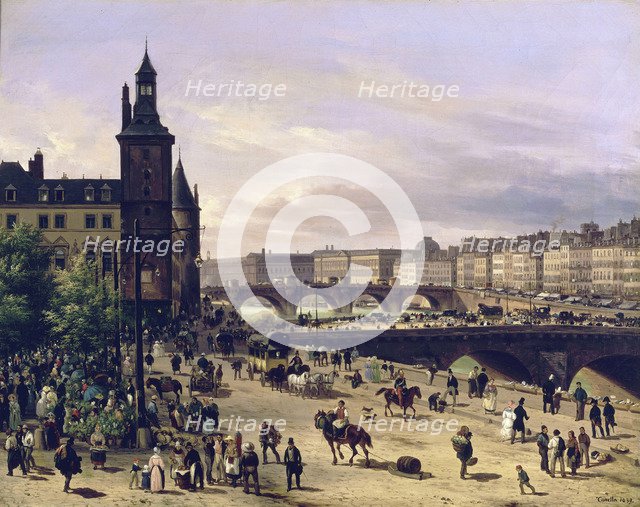 Le marché aux fleurs, la Tour de l'Horloge, le Pont au Change et le Pont-Neuf, 1832.