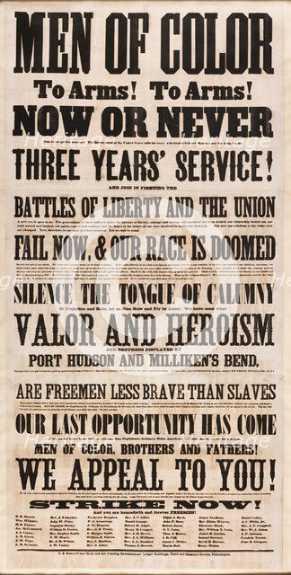 Broadside for "Men of Color" Recruitment, 1863. Creator: Unknown.