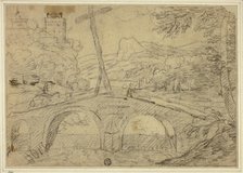 Landscape with Bridge (with Cross) over Gorge, with Mountains and Castle in Distance, n.d. Creator: Unknown.