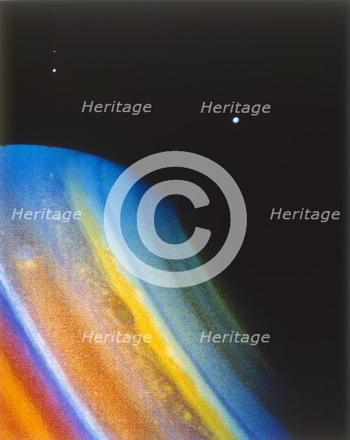 Saturn and its moon Dione, seen from the Voyager 2 spacecraft. Creator: NASA.