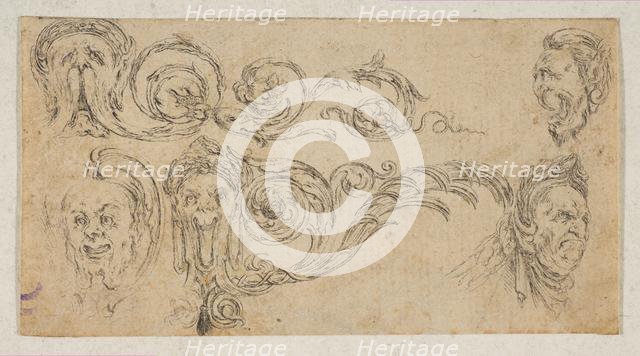 Plate 4: five grotesque heads, from 'Friezes, foliage, and grotesques' (Frises, feu..., ca. 1642-43. Creator: Stefano della Bella.