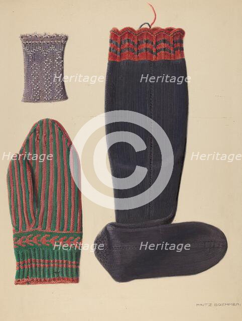 Zoar Beaded Wristlet, Mitten and Sock, c. 1938. Creator: Fritz Boehmer.