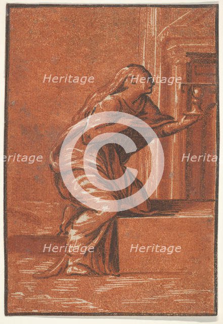 Female personification of Faith who kneels raising a chalice in her left hand, af..., ca. 1520-1560. Creator: Unknown.