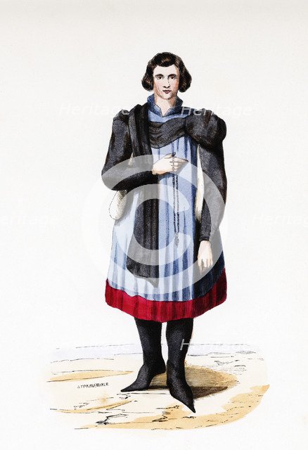 German man, Middle Ages, colored engraving.