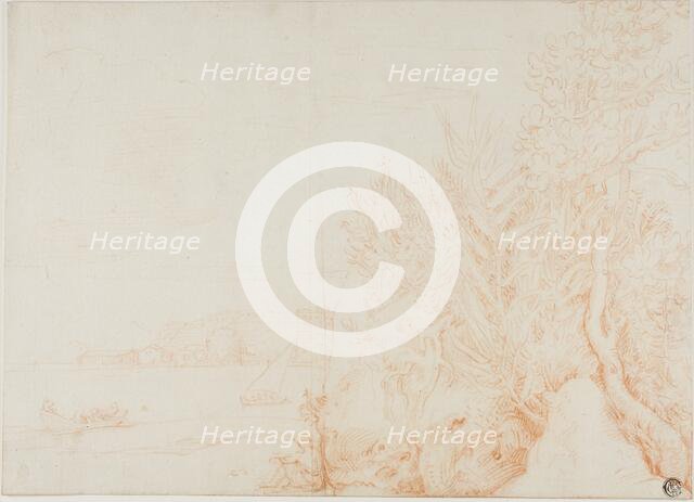 View of Harbor, with Figure and Vegetation in Foreground, c. 1700. Creator: Unknown.