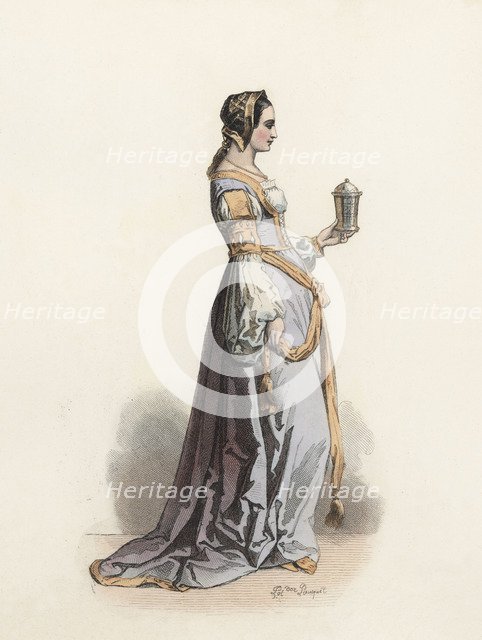 Dutch Miss Noble, in the modern age, color engraving 1870.