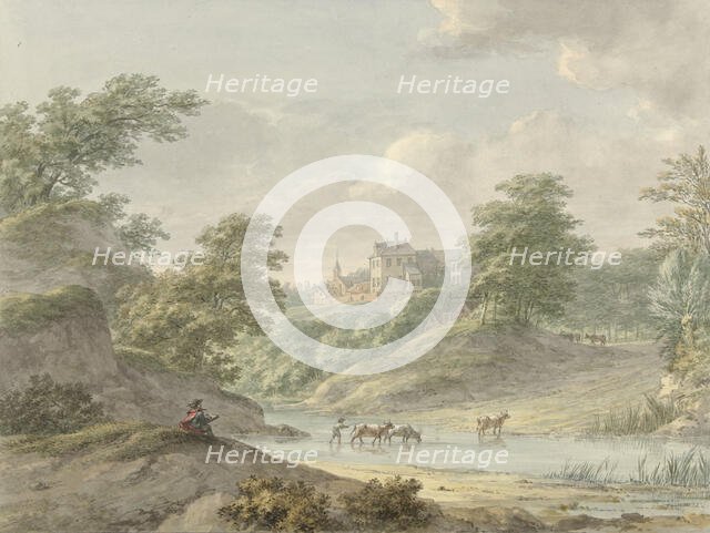 Landscape with a seated draftsman and a castle on the water, 1754-1820. Creator: Hermanus Numan.