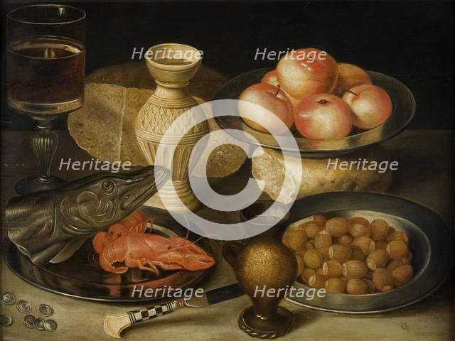 Still life with Siegburg stoneware jug, glass, knife, two loaves, three pewter plates…, Early 17th c Creator: Flegel, Georg (1566-1638).