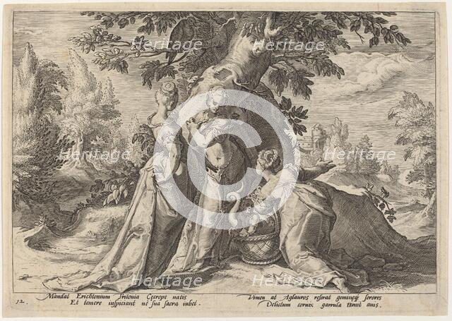 The Daughters of Cecrops Open the Casket Entrusted to Them by Minerva, 1589. Creator: Goltzius, Workshop of Hendrick, after Hendrick Gol.