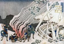 Hunters by a fire in the snow, c1835.Artist: Hokusai