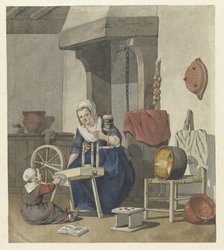 Interior with a spinning woman with a child, 1796. Creator: W. Barthautz.