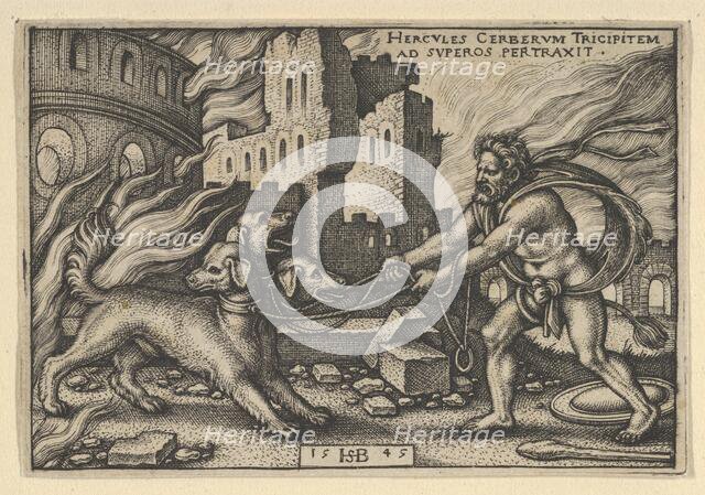 Hercules Capturing Cerberus, from The Labors of Hercules, 1545. Creator: Sebald Beham.