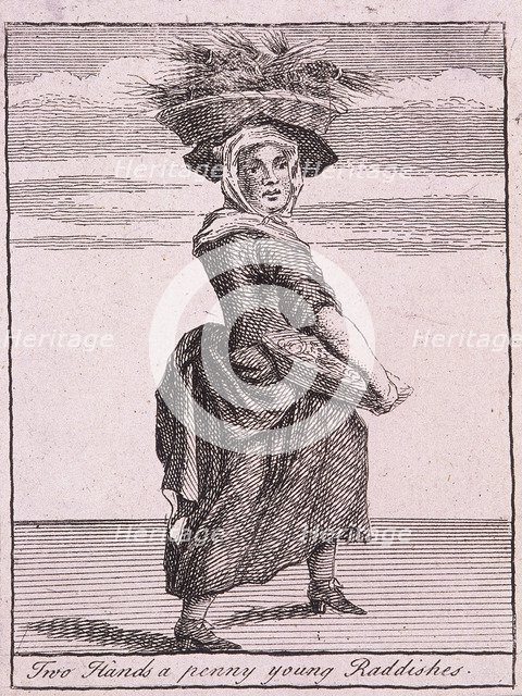 'Two Hands a penny young Raddishes', Cries of London, (c1688?). Artist: Anon