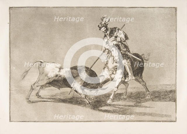Plate 11 from the 'Tauromaquia': The Cid campeador spearing another bull., 1816. Creator: Francisco Goya.