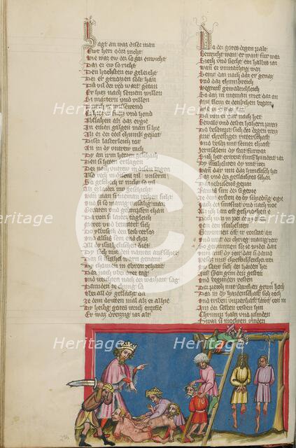 The Hanging of Ishbosheth's Murderers; Weltchronik, about 1400-1410. Creator: Unknown.