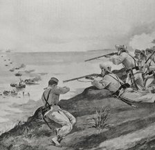 Spanish-American War: Spanish soldiers rejecting the landing of US troops...Cienfuegos (Cuba), 1898. Creator: Enrique Laporta Valor.
