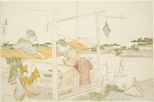 Women on a Veranda Stretching Cloth to Dry, Japan, c. 1799. Creator: Hokusai.