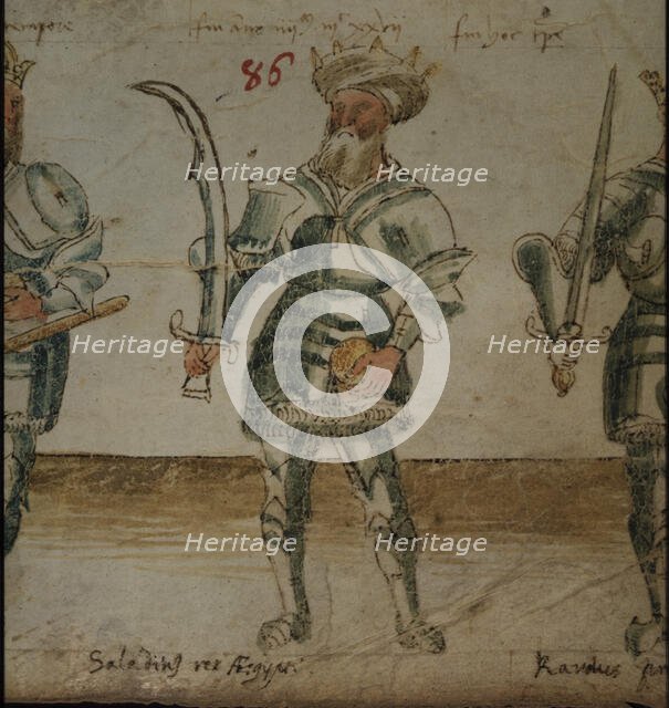 Illustration of Saladin, holding a scimitar, 15th century. Creator: Unknown.