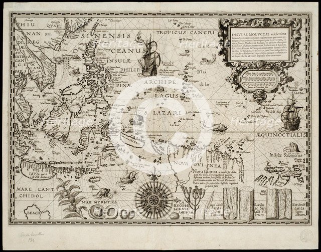 Insulae Moluccae celeberrimae sunt ob maximam aromatum copiam quam per totum terrarum orbem mittunt… Artist: Plancius, Petrus (1552-1622)