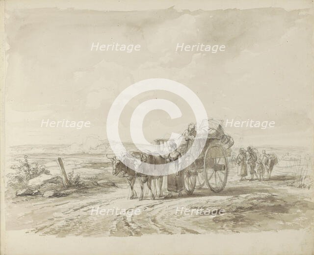 Ox cart and figures on a country road, 1800-1899. Creator: Anon.