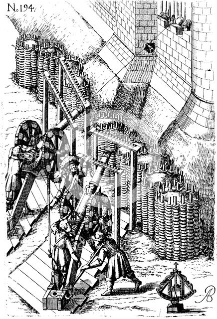 Laying siege canon on target, from 'Le diverse et artificiose machine', 1620. Artist: Unknown