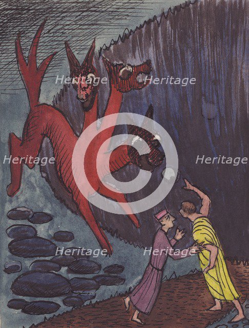 Dante and Virgil with three-headed monster, 1951. Creator: Shirley Markham.
