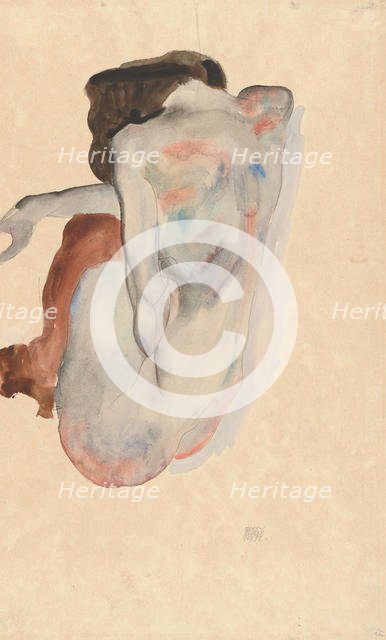 Crouching Nude in Shoes and Black Stockings, Back View, 1912. Creator: Egon Schiele.