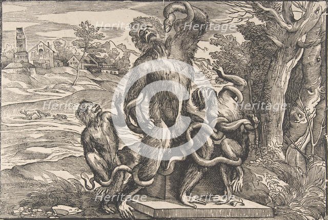 Caricature of the scuptural group, 'the Laocoön', ca. 1540-45., ca. 1540-45. Creator: Attributed to Nicolò Boldrini.