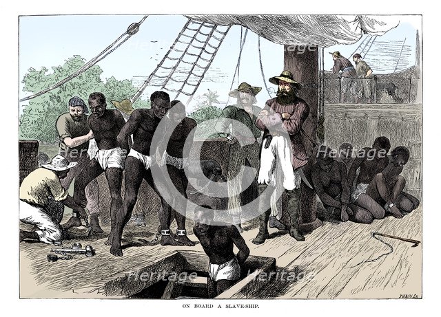 Captives being brought on board a slave ship on the West Coast of Africa (Slave Coast), c1880. Artist: Unknown.