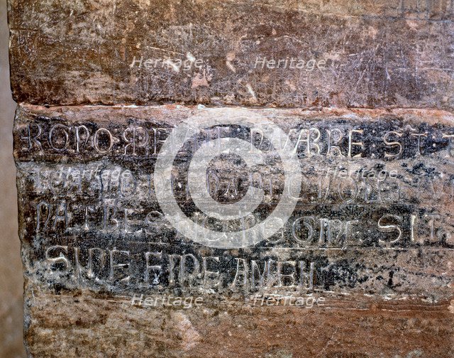 Suso Monastery. Inscription in Latin, engraved in a tombstone of the church wall related to the s…