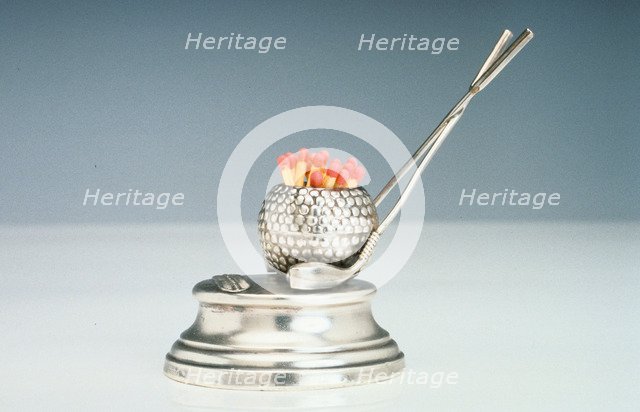 Silver desktop match holder and striker, 1922. Artist: Unknown
