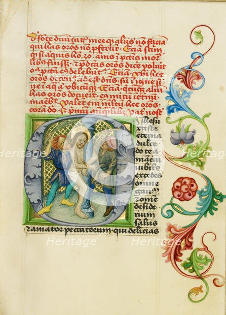 Initial O: The Flagellation; Prayer Book, about 1470-1480. Creator: Workshop of Valentine Noh.
