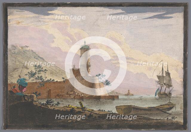 View of a harbor with a tower on the waterfront, 1700-1799. Creator: Anon.