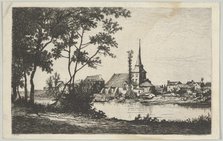 Town with a church across a river, 19th century. Creator: Tancrède Abraham.