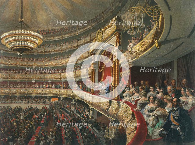 Auditorium of the Bolshoi Theatre, Moscow, Russia, 1856.  Artist: Mihály Zichy