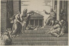 Martha leading Mary Magdalene up a flight of stairs to Christ who is seated at righ..., ca. 1530-60. Creator: Marcantonio Raimondi.