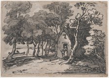 Wooded Scene With Figures at the Door of a Cottage, 1783-88., 1783-88. Creator: Thomas Rowlandson.