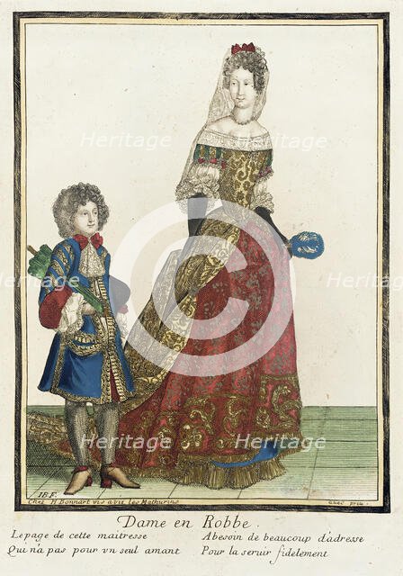 Recueil des modes de la cour de France, 'Dame en Robbe', Bound 1703-1704. Creators: Henri Bonnart, Jean-Baptiste Bonnart.