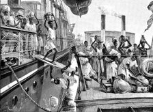 Emin Pasha Relief Expedition, Banana Point..transferring passengers to a Congo River steamboat, 1890 Creator: P Naumann.