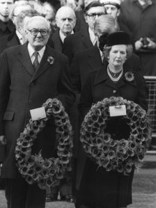 Margaret Thatcher and James Callaghan with wreathes on Remembrance Day, 10th November 1980. Artist: Unknown
