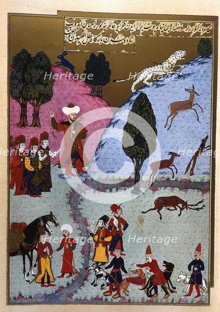 Sultan Bayezid I, in a hunt, pierces an tiger with an arrow, Turkish miniature from... (1584 - 1589) Creator: Unknown.