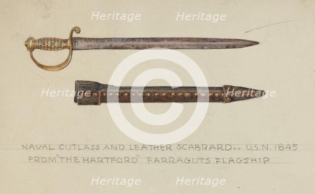Cutlass and Leather Scabbard, 1935/1942. Creator: Unknown.