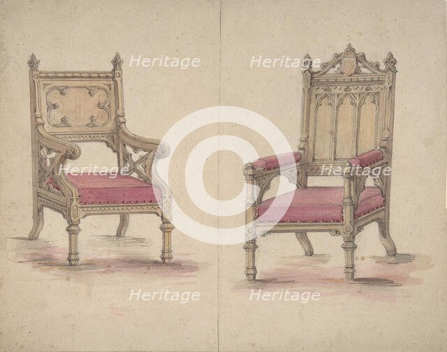 Designs for Two Gothic Style Chairs, 19th century. Creator: Anon.