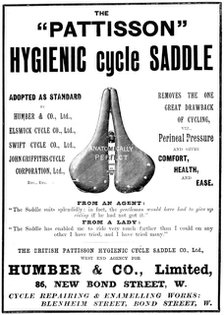 Advertisement for the "Pattisson" Hygienic cycle saddle, 1898. Creator: Unknown.