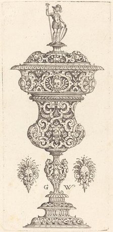 Goblet with lid surmounted by a Roman soldier, published 1579. Creator: Georg Wechter I.