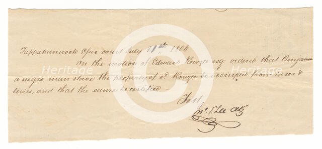 Document for tax exemption of the enslaved man Benjamin, owned by Edward Rouzee, July 21, 1806. Creator: Unknown.