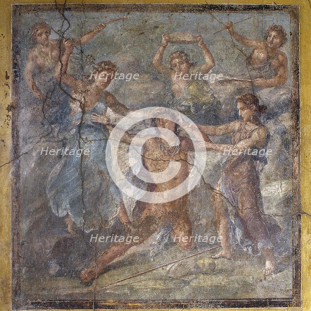 Pentheus being torn apart by maenads, triclinium in the House of Vettii, Pompeii. Creator: Unknown.