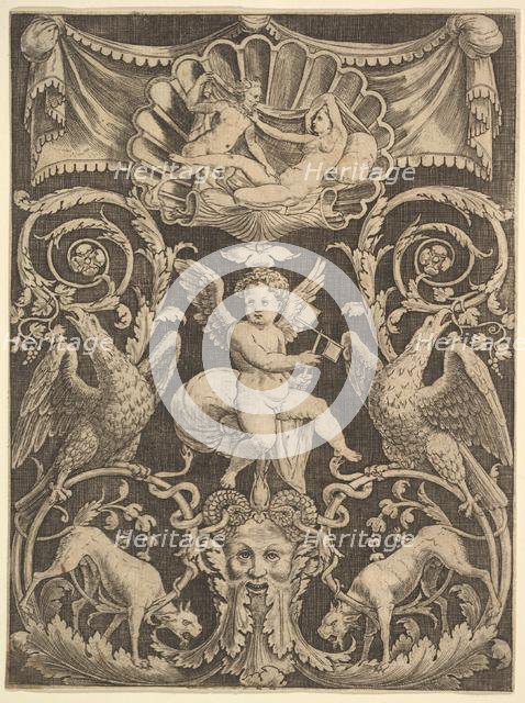 A panel of ornament with a putto in the centre holding a windmill, 1532. Creator: Master of the Die.