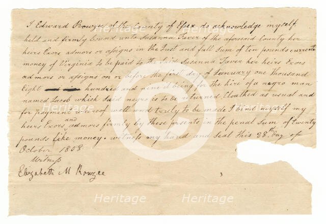 Bond for the hire of the enslaved man Jacob by Edward Rouzee, October 28, 1808. Creator: Unknown.