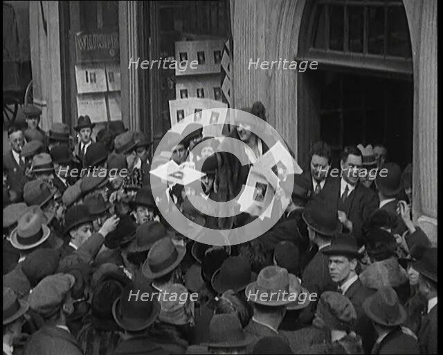 The Actress Violet Loraine Handing Out Leaflets to Hundreds of People Outside of a Theatre, 1920s. Creator: British Pathe Ltd.